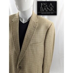 Jos. A. Bank Blazer Coat Sport Suit Jacket Linen/Cotton 48R Slim Beige Checked